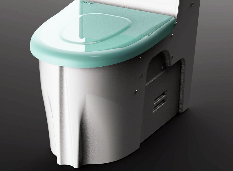 Este banheiro usa areia ao invés de água Designboom (7) Vaso sanitário com tampa e caixa em azul turquesa claro, o restante branco.