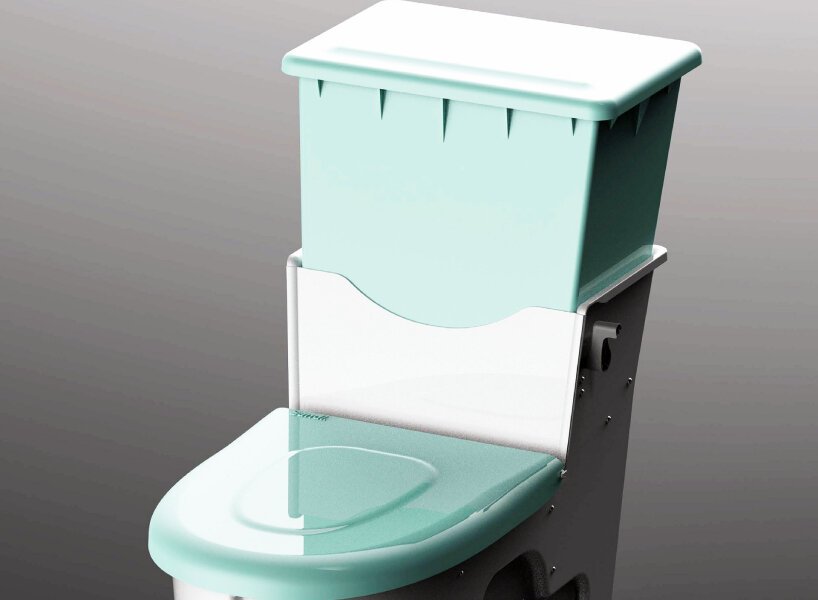 Este banheiro usa areia ao invés de água Designboom (8) Vaso sanitário com tampa e caixa em azul turquesa claro, o restante branco.