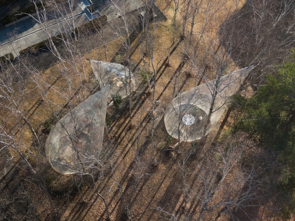 Cabanas em formato de gota em floresta; vista de cima