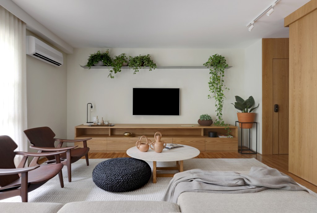 Sala de estar com pufe, mesa de centro, tv e prateleira de plantas