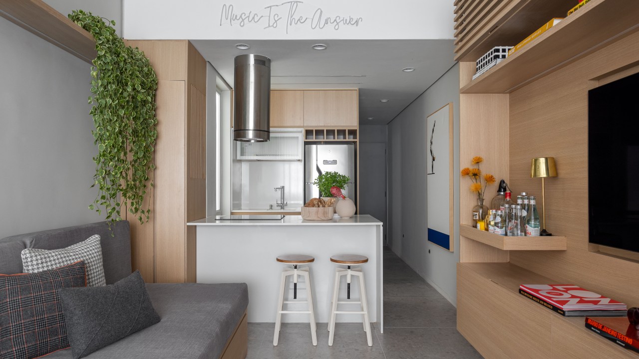 Apartamento pequeno; apartamento compacto; sala integrada com cozinha; bancada