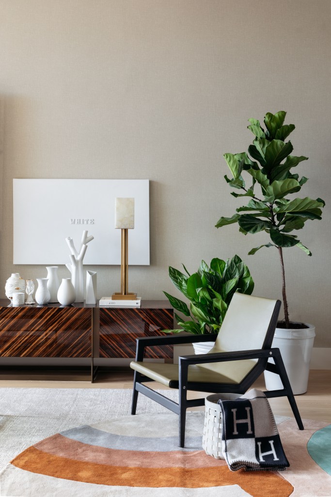 Sala de estar; aparador; poltrona; plantas; ficus; quadro; tapete