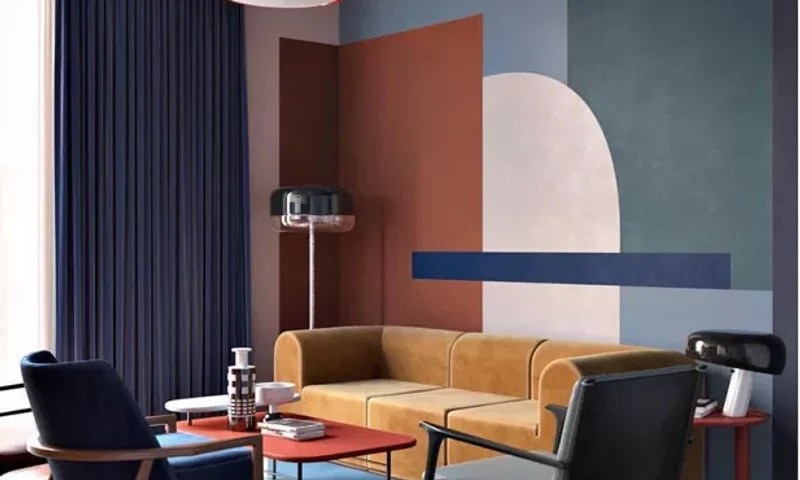 Sala de estar; paleta de cores; parede colorida; sofá