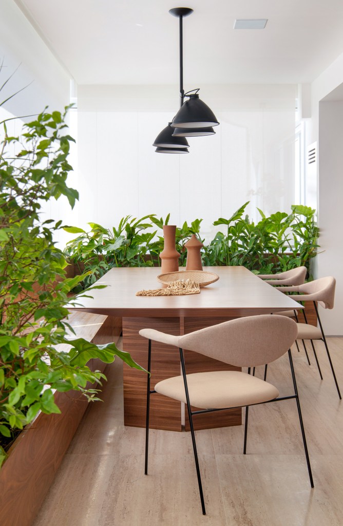 Varanda integrada; mesa de jantar; cortina; janela; plantas