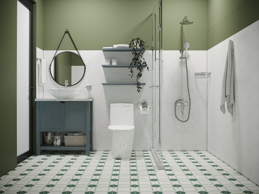 Revestimento; revestimento cerâmico; banheiro; verde; meia parede