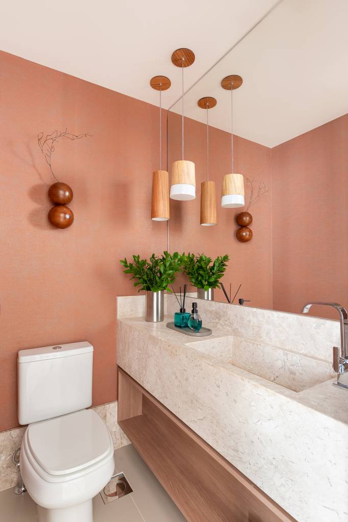 Apê 140 m² Primo Arquitetura banheiro lavabo espelho