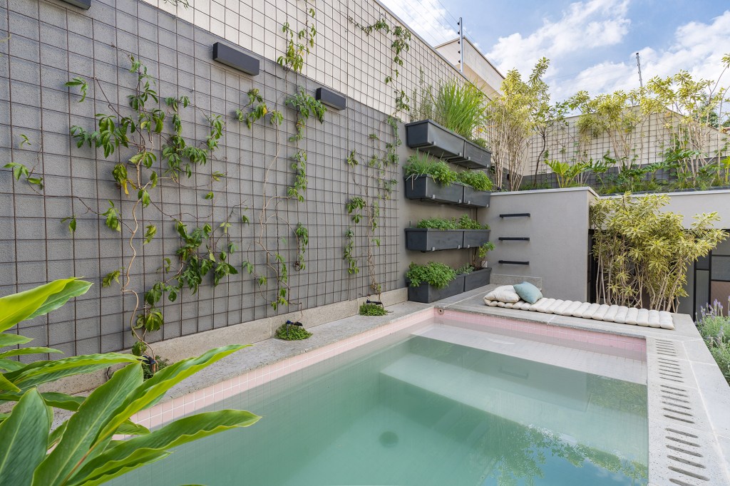 Casa lounge externo Bia Hajnal área externa jardim vertical plantas edicula trepadeira piscina vaso