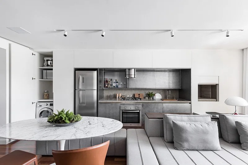 Cozinha integrada; cozinha americana; cozinha integrada com sala; cozinha branca; cozinha minimalista