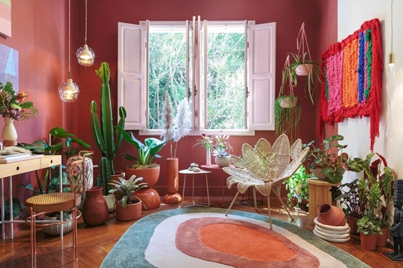 Sala de estar com plantas, tapete em formato orgânico colorido e paredes na cor magenta