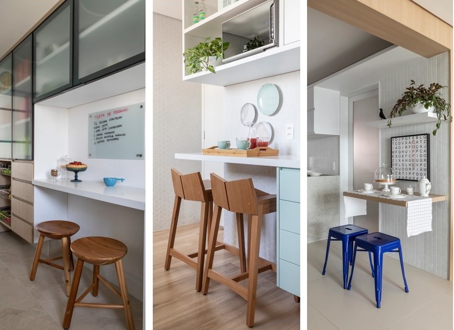 Projetos da arquiteta Marina Carvalho com espaços para refeições rápidas em cozinhas. Fotos: Evelyn Müller