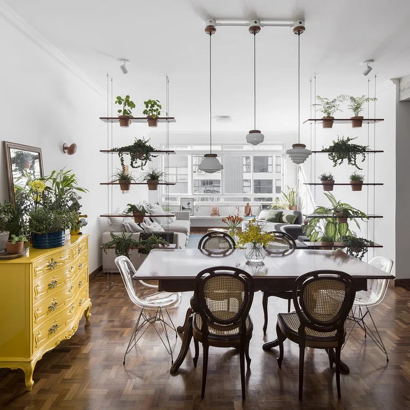 Sala com composição de cadeiras de estilos diferentes; piso de taco e prateleiras de plantas
