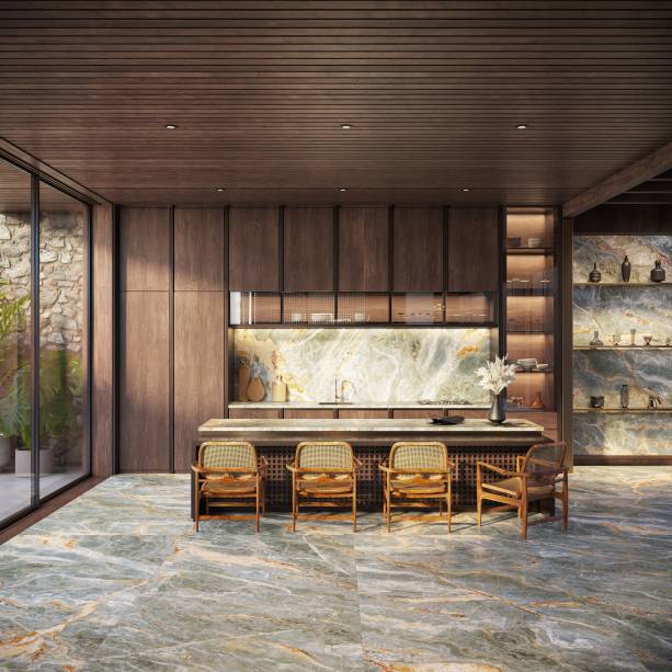 Tempesta (1,60 x 3,20 m): inspirada no Quartzito Tempesta, originário da Itália, a Série Tempesta revela um espetáculo cromático de tons de verdes e dourados, pontuados levemente pelo branco. A textura com veios fortes e marcados em formações aleatórias caracteriza este tipo de formação rochosa e foi reproduzida fielmente na lâmina Superformato 1,60 x 3,20 m. Tempesta (1,60 x 3,20 m): inspirada no Quartzito Tempesta, originário da Itália, a Série Tempesta revela um espetáculo cromático de tons de verdes e dourados, pontuados levemente pelo branco. A textura com veios fortes e marcados em formações aleatórias caracteriza este tipo de formação rochosa e foi reproduzida fielmente na lâmina Superformato 1,60 x 3,20 m.