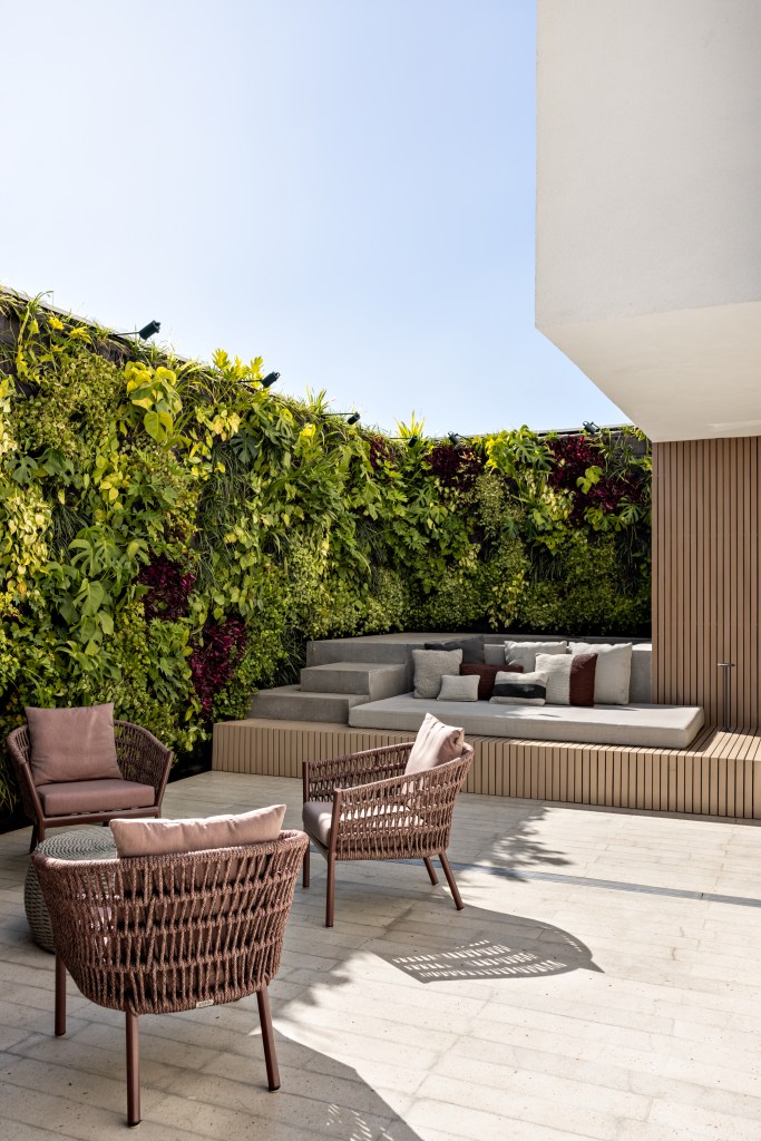 Terraço com deck de madeira e sofá; jardim vertical.