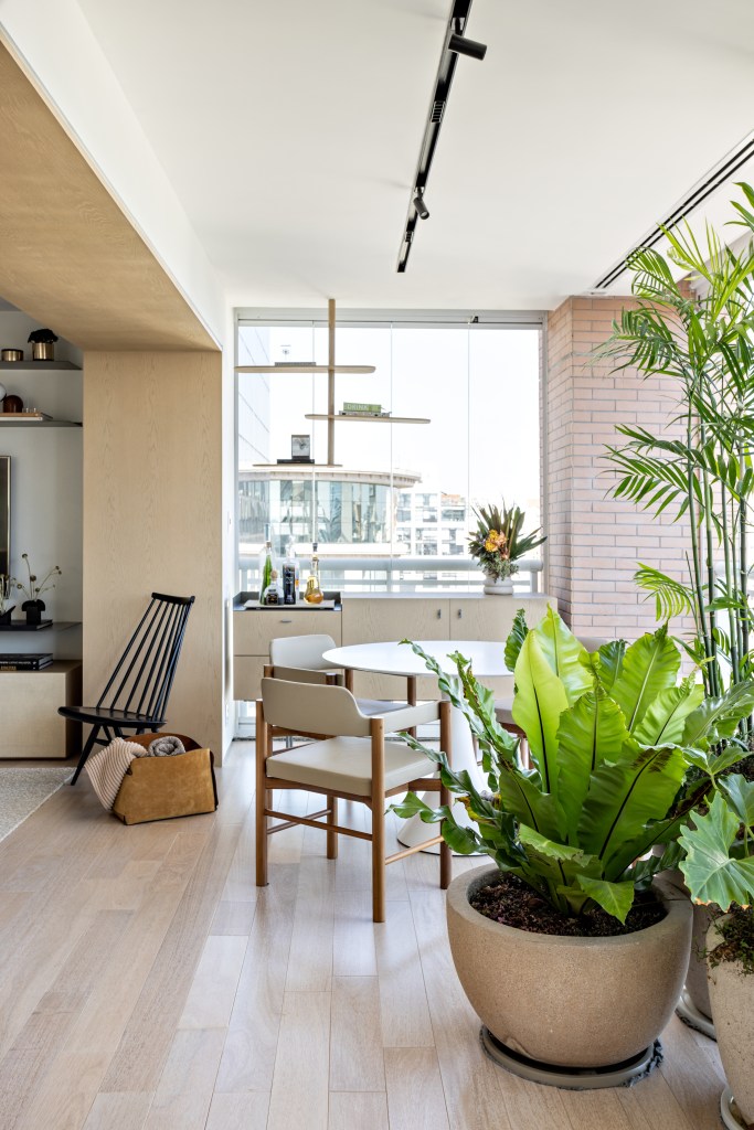 Varanda integrada; sala de estar com plantas; janela