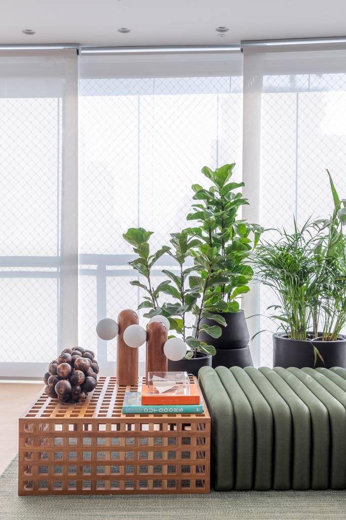 Apê 170 m2 adega 270 garrafas parede côncava sala Beatriz Quinelato decoração varanda integrada sala de estar sofa plantas