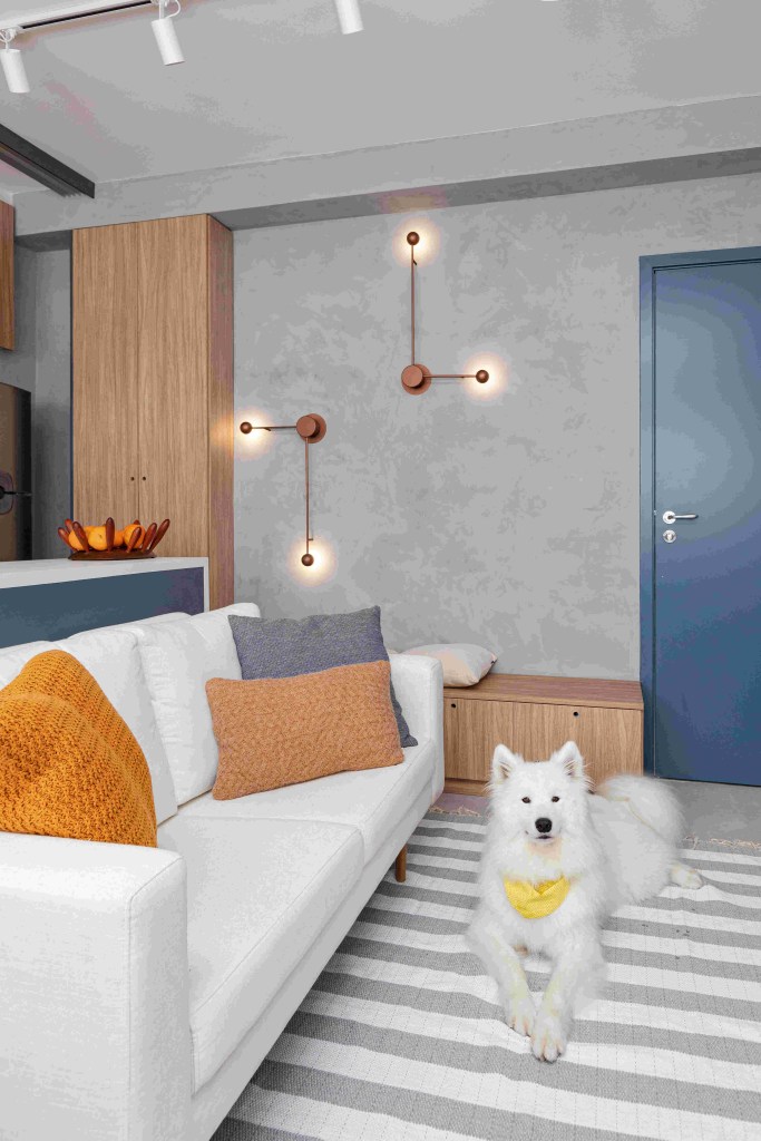 Apê 35 m2 painel de muxarabi isolar cozinha Studio Moby Dick decoracao apartamento sofa estar tapete banco
