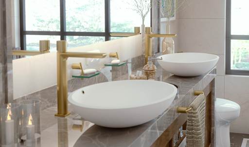 Banheiro com cuba circular e metais dourados.