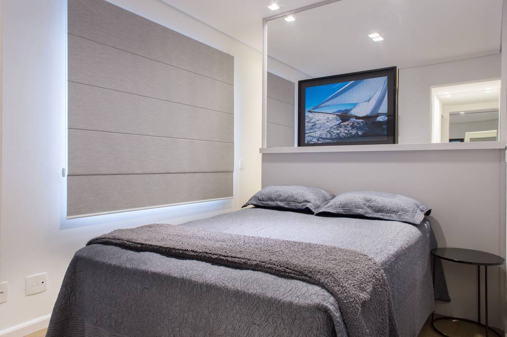Cinza azul lavanderia armário apê 29 m2 Inovando Arquitetura decoração estudio quarto cama quarto cortina