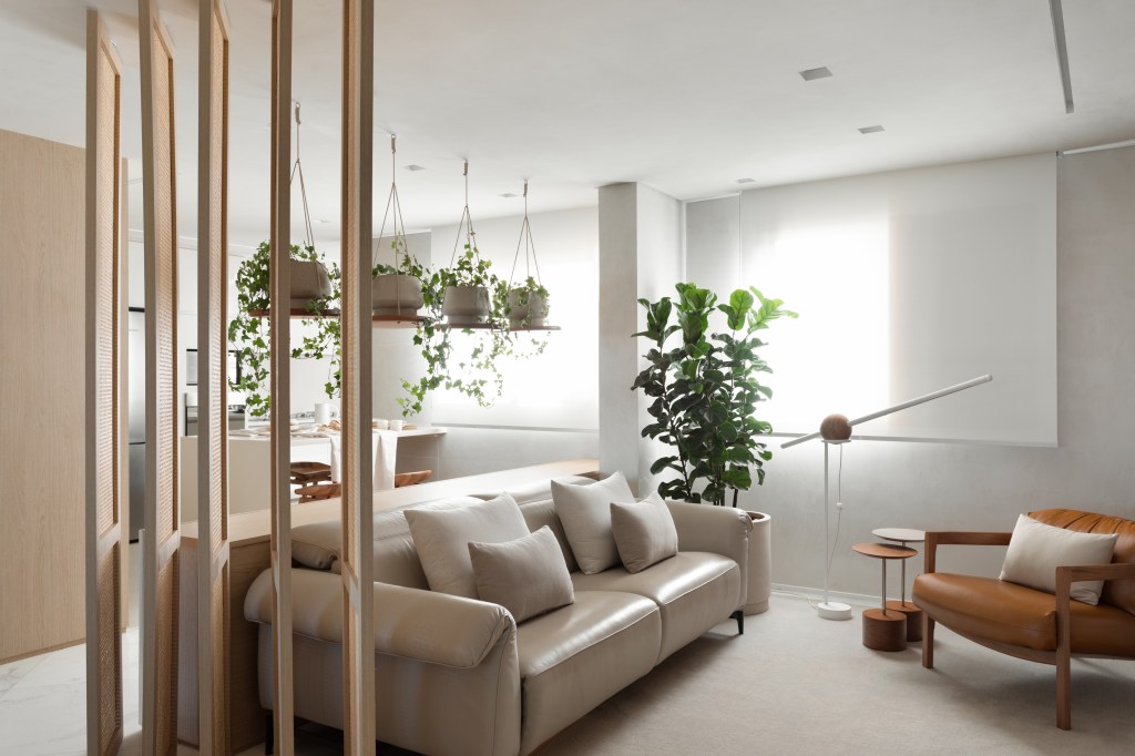 Sala de tv com sofá claro e plantas suspensas.