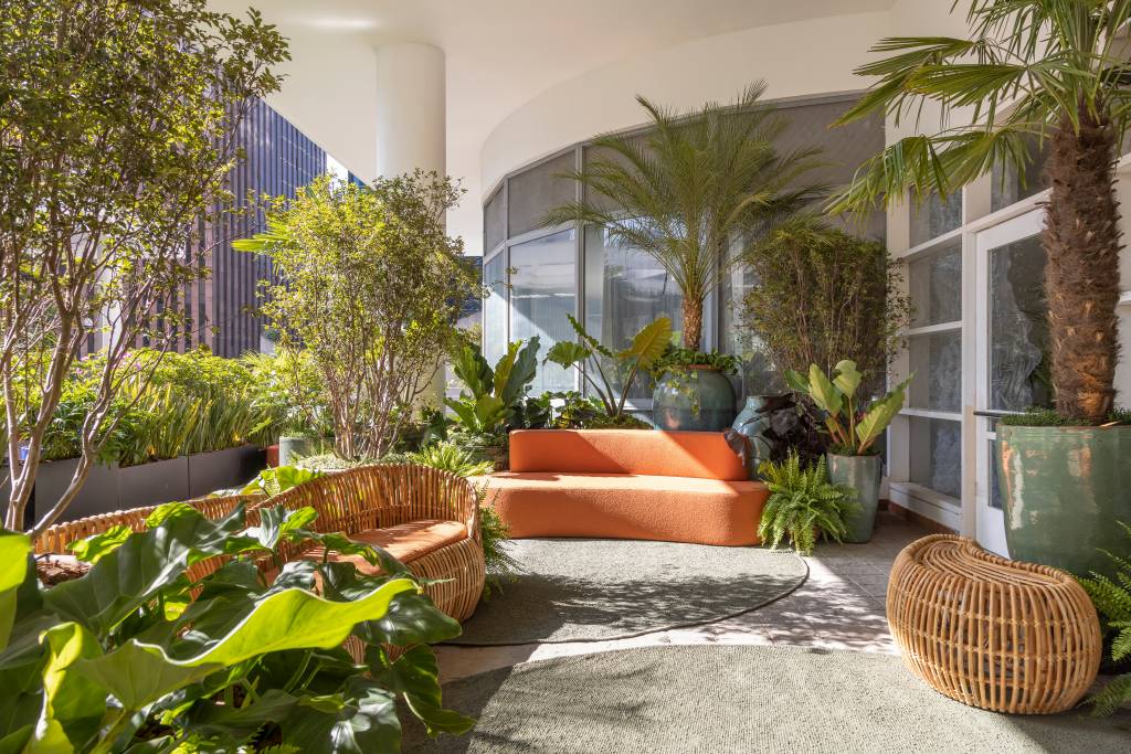 mirante-paulista-jardim-mistura-plantas-nativas-exoticas-cate-poli-e-joao-jadao-09 Jardim com vasos grandes, plantas, tapete verde e sofá curvo laranja.