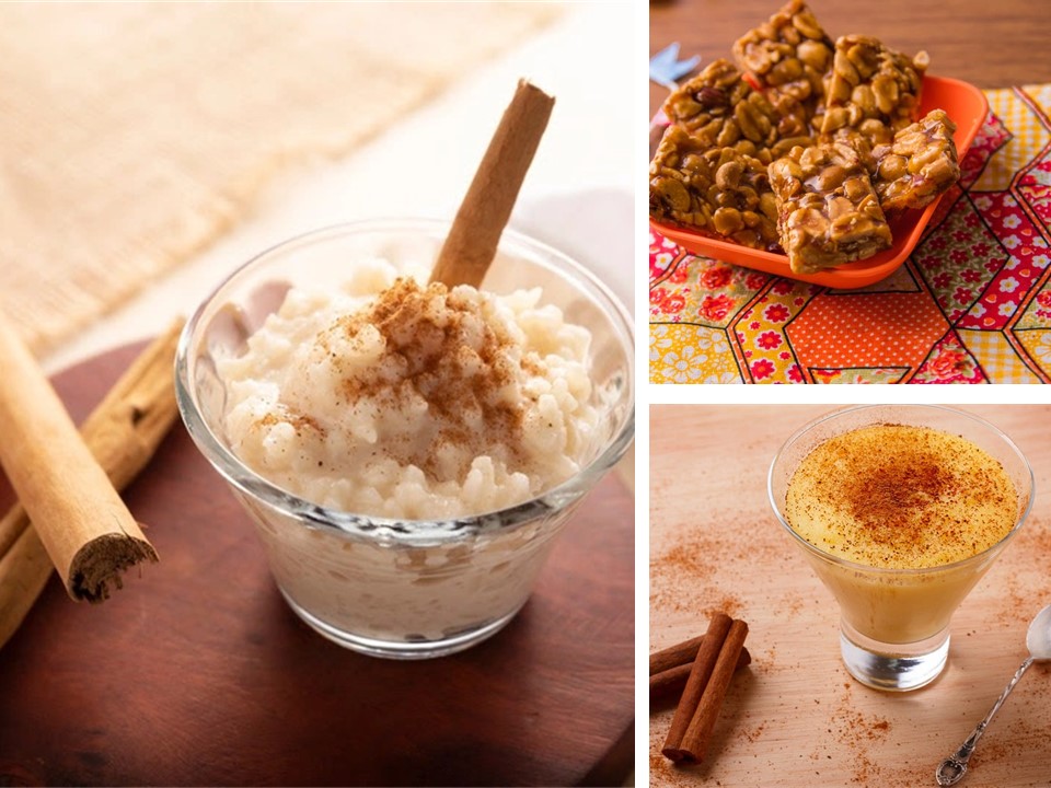 Arroz doce, curau e pé de moleque.