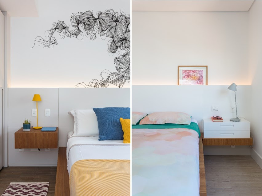 À esquerda, quarto com arte na parede de cabeceira; à direita, quarto minimalista com cabeceira branca.