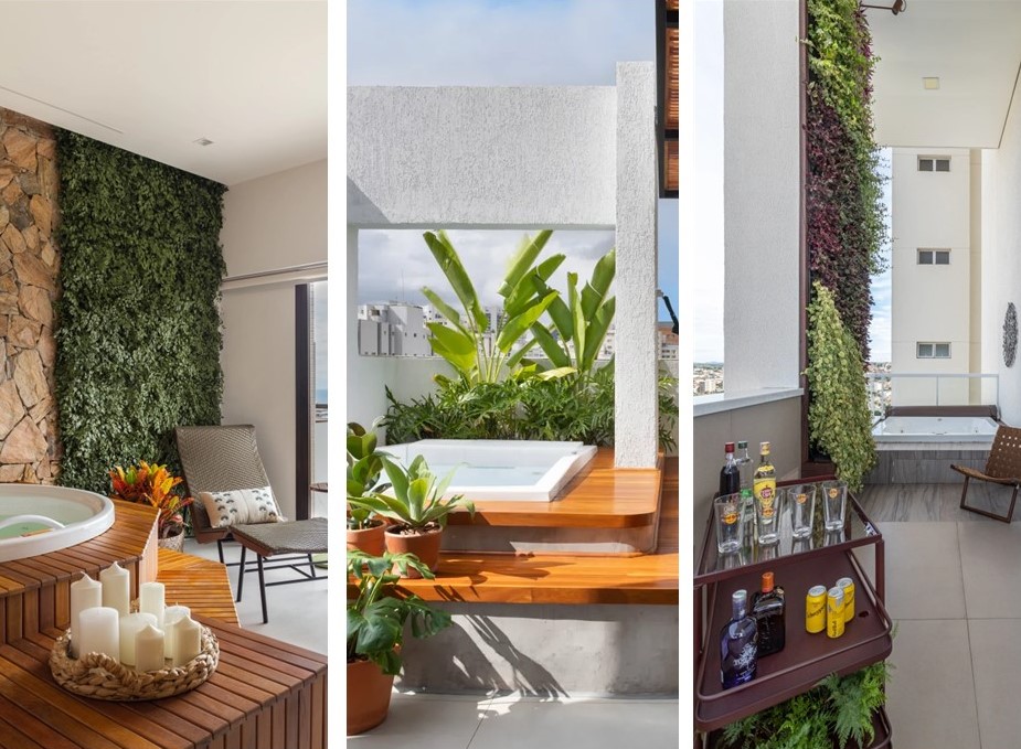 Da varanda à sala: 7 projetos residenciais com hidromassagem. Projetos de Fernanda Medeiros, Studio A+G e Patricia Penna.