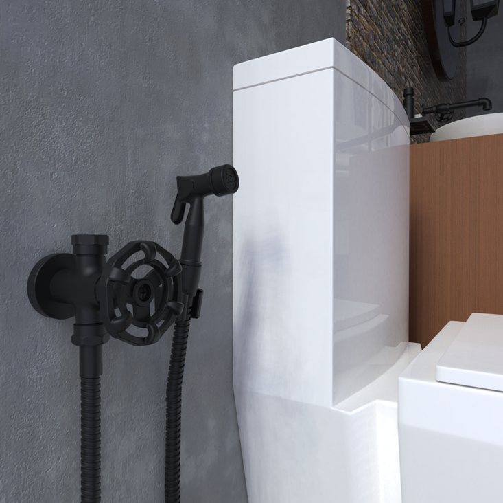 Banheiro com parede de cimento queimado, vaso sanitário branco e ducha higiênica preta.