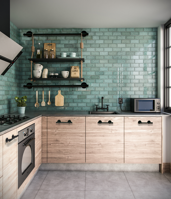 Cozinha em estilo industrial com parede de tijolos esverdeados, metais pretos e marcenaria.