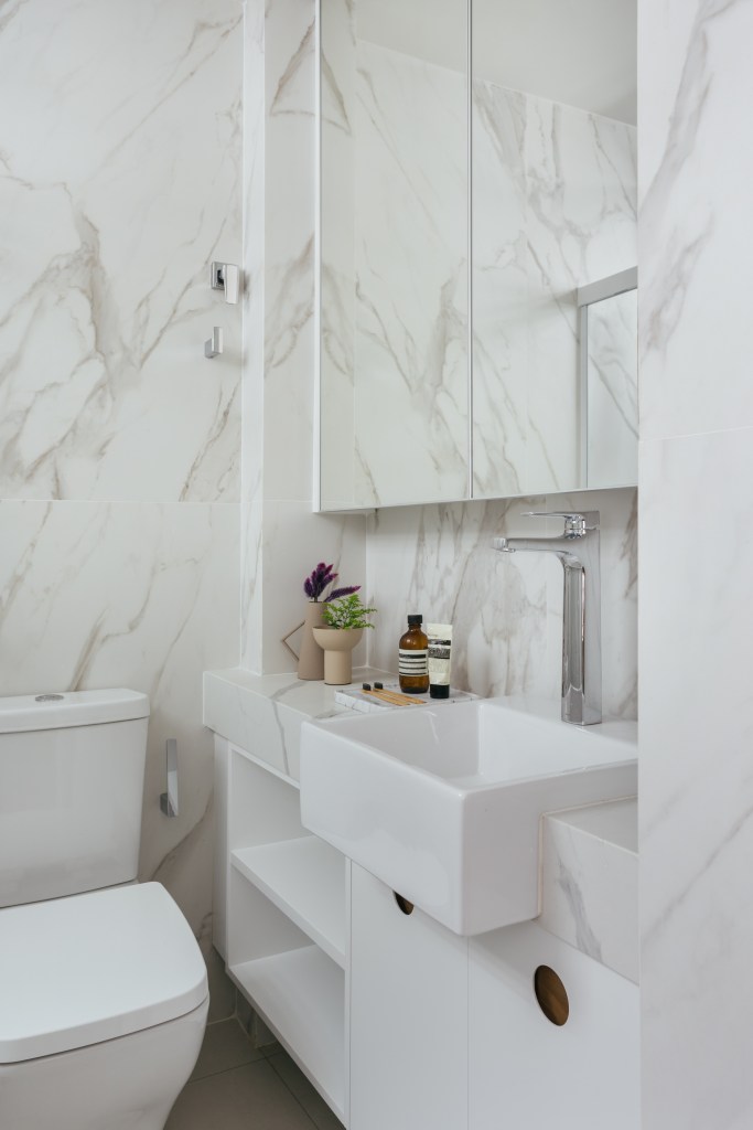 Projeto de Casa Cururu. Na foto, banheiro pequeno com revestimento marmorizado branco.