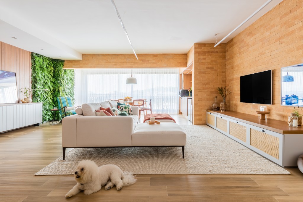 Projeto de Studio Guadix. Na foto, sala de estar com tapete bege, sofá claro e cachorro deitado no chão.