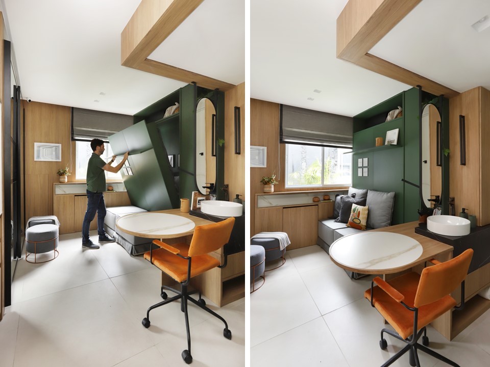5 jeitos que a marcenaria planejada ajuda em quartos pequenos com exemplos. Projeto de Cipriano Paffi. Na foto, quarto com cama retrátil e parede verde.