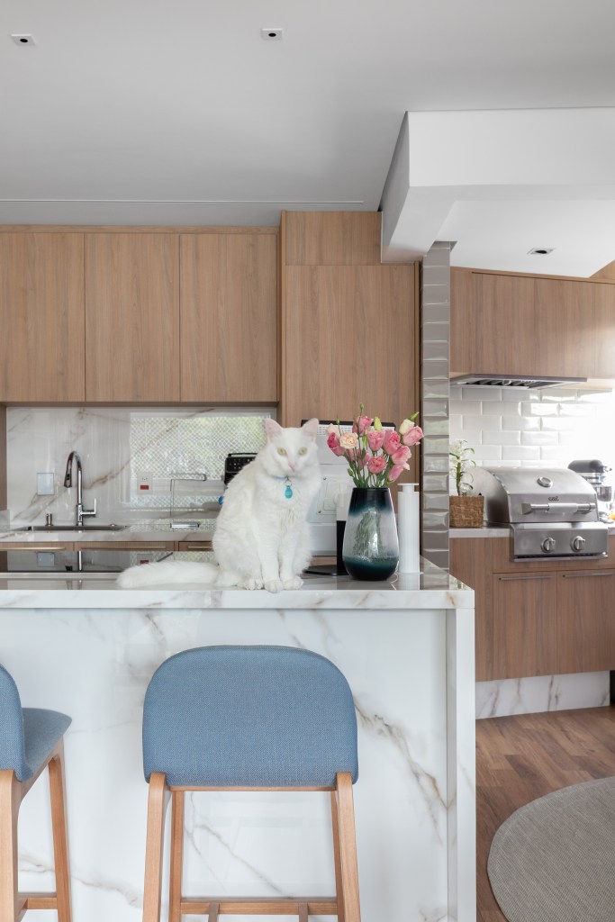 Projeto de CC5 arquitetura e interiores. Na foto, cozinha integrada com ilha com revestimento marmorizado e banquetas.