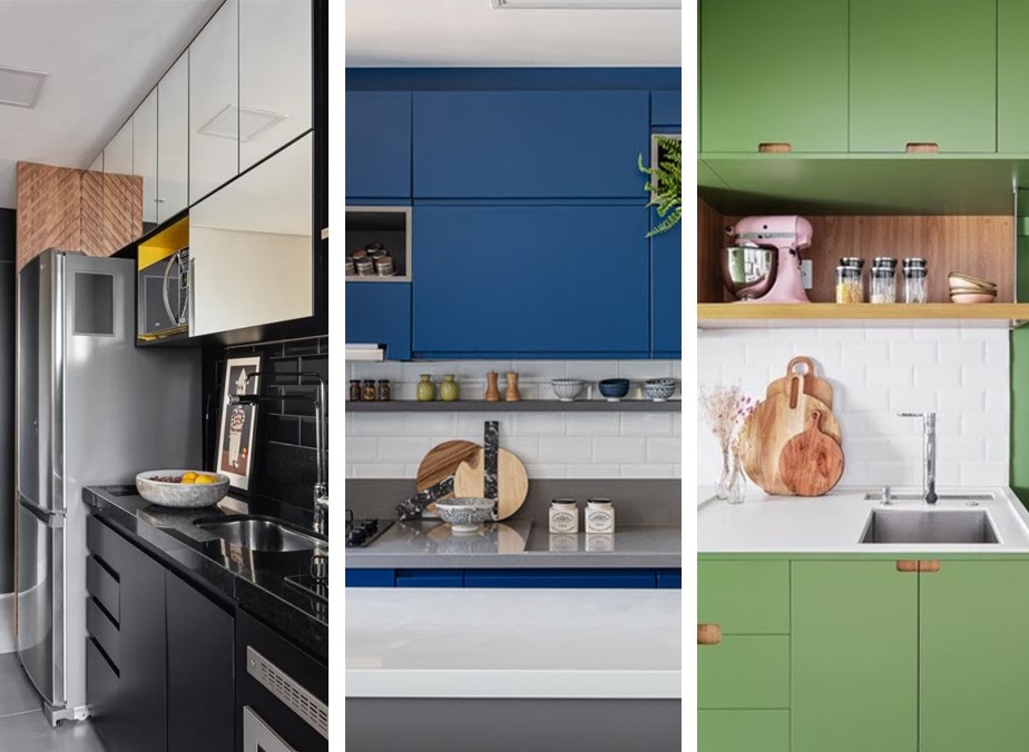 Confira 4 ideias de cores para marcenaria de cozinhas para te inspirar. Projeto de Natalia Salla. Na foto, cozinhas com marcenaria preta, azul e verde.