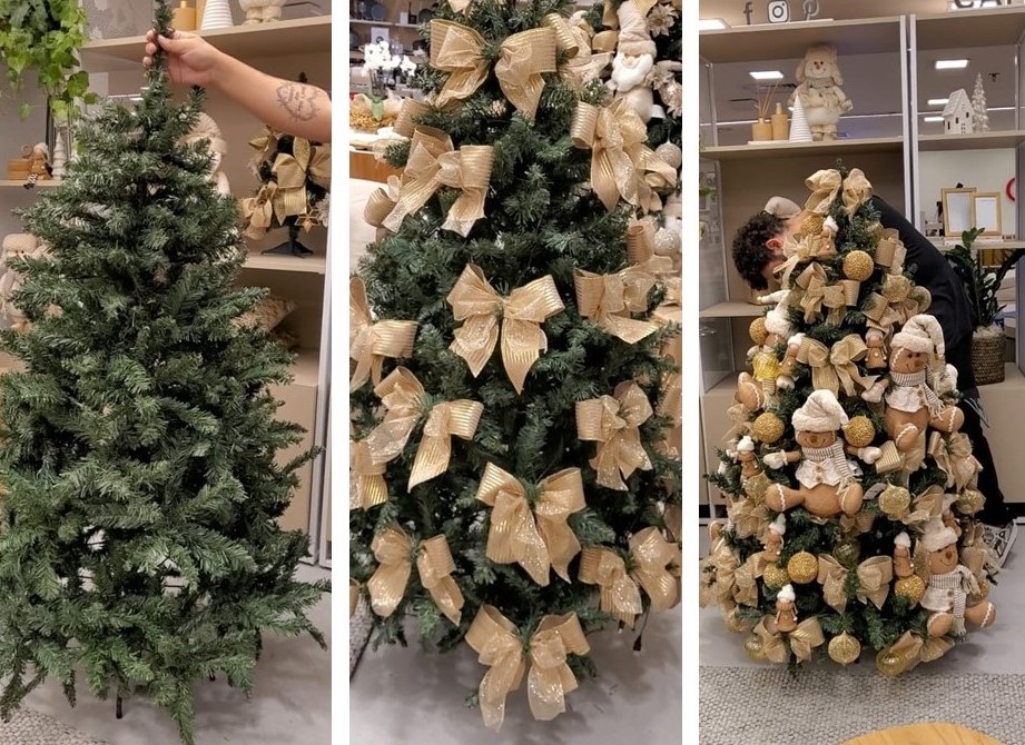 Passo a passo para montar uma Árvore de Natal igual às do shopping. Três fotos mostrando a árvore em diferentes estágios de decoração.