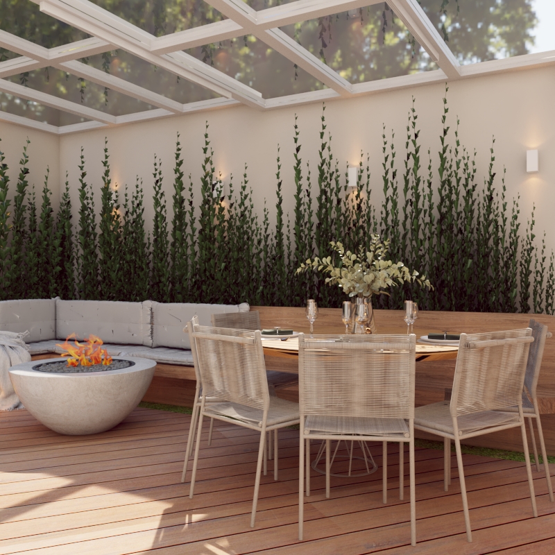 4 apostas para a decoração de interiores em 2024. Projeto de Aline Zanoni. Na foto, varanda com plantas, cobertura transparente, mesa com cadeiras.