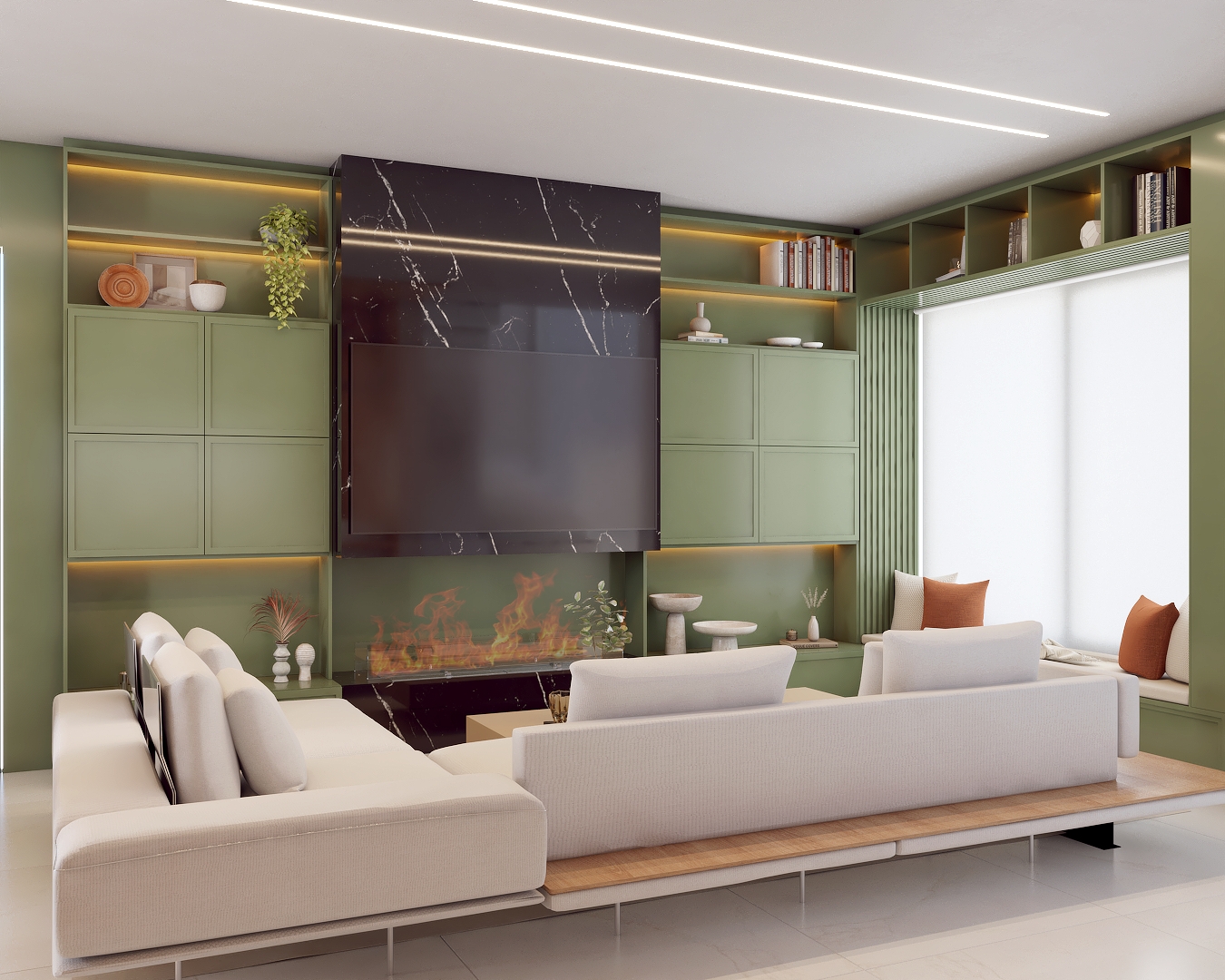 4 apostas para a decoração de interiores em 2024. Projeto de Aline Zanoni. Na foto, sala de estar com painéis verdes, sofá branco.