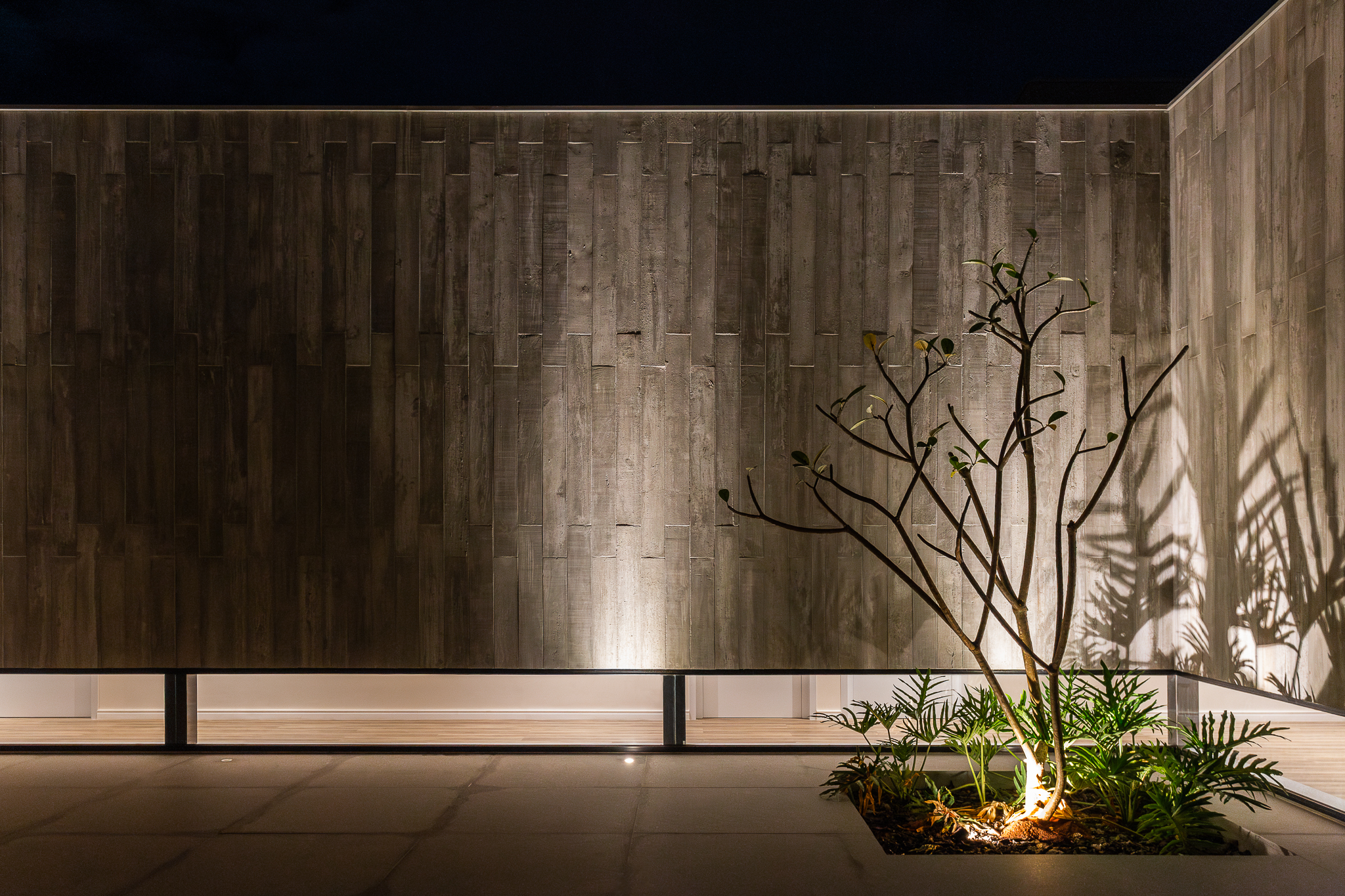 Casa de 379 m² une arquitetura minimalista e integração com o entorno. Projeto Camila Porto. Na foto, jardim com iluminação cênica.