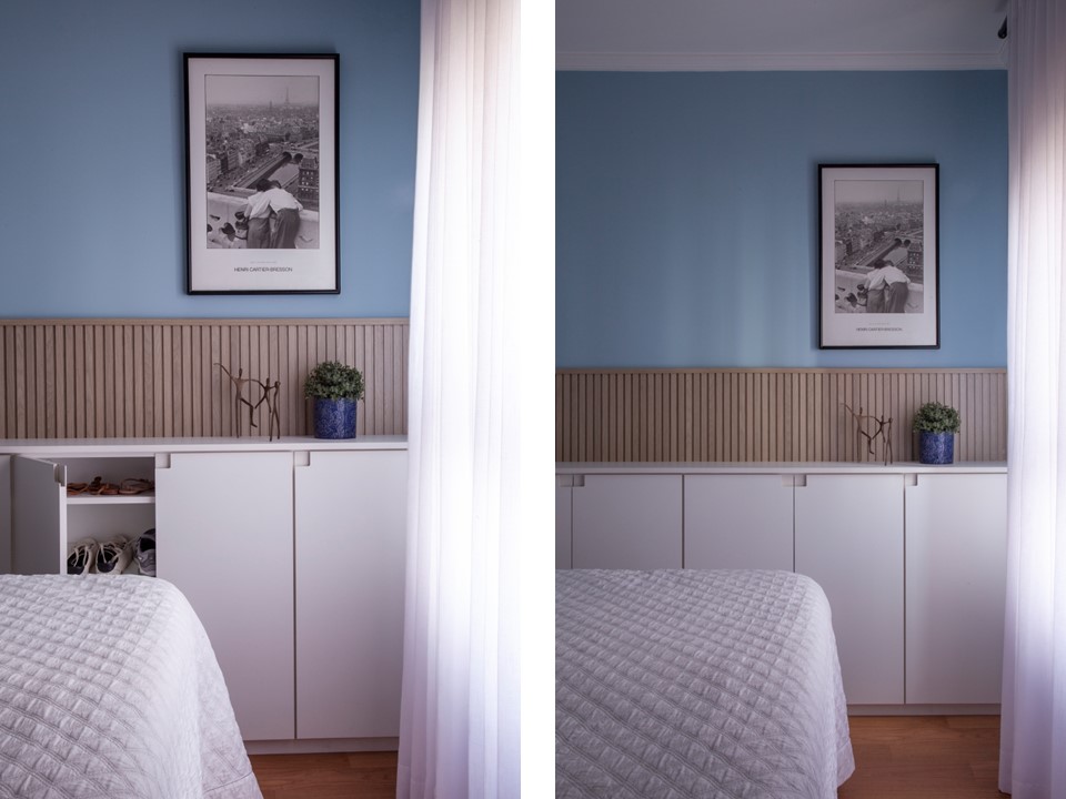 Sapateiras ganham espaço com soluções inteligentes de marcenaria. Projeto de Cristiane Schiavoni Arquitetura. Na foto, quarto com parede azul, painel ripado e sapateira branca.