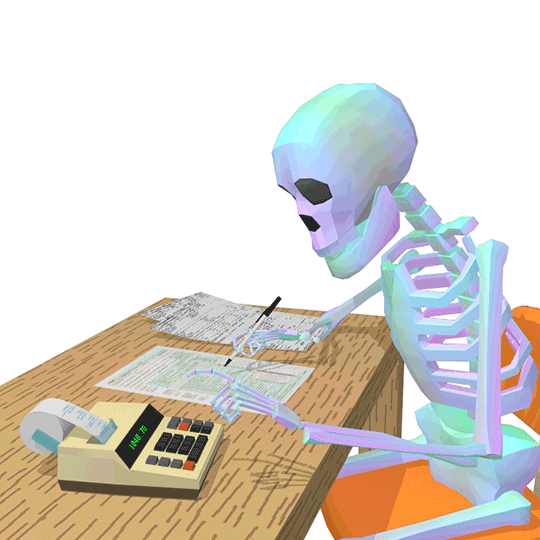 Você sabe como funciona a cobrança do IPTU? Na foto, gif de esqueleto calculando impostos.