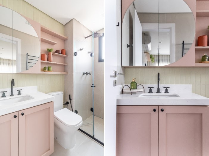 Rosa no décor: inspirações de home offices, cozinhas, quartos e banheiros! Projeto de Mari Milani. Na foto, banheiro com marcenaria rosa clara.