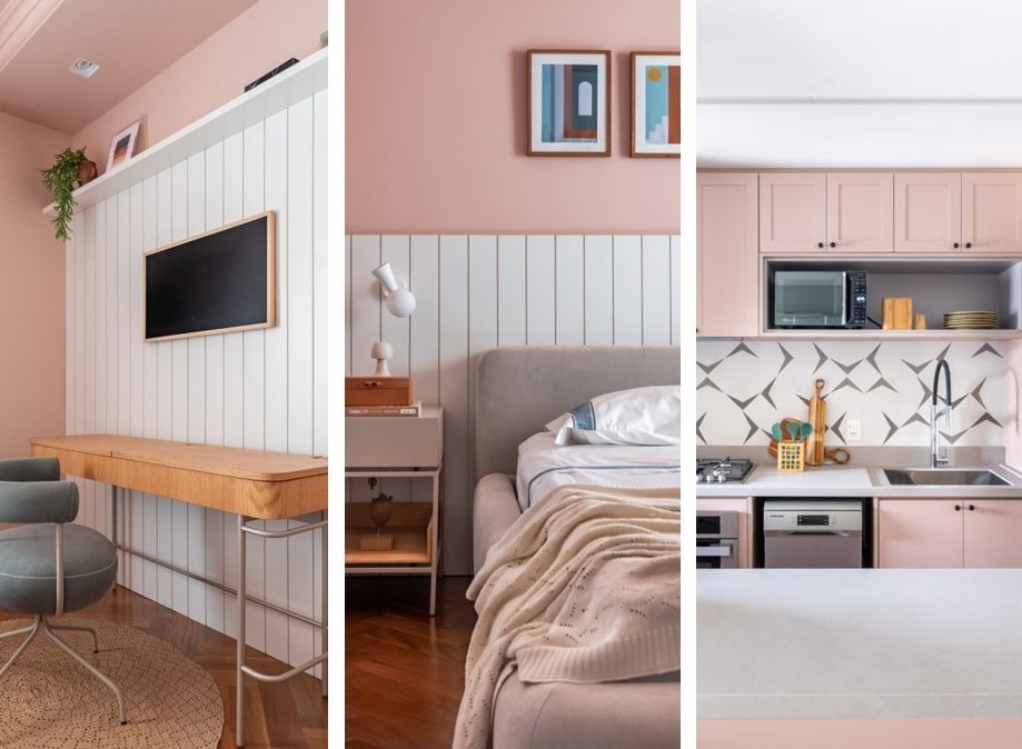 Rosa no décor: inspirações de home offices, cozinhas, quartos e banheiros! Projeto de Mari Milani. Na foto, home office, quarto, cozinha.