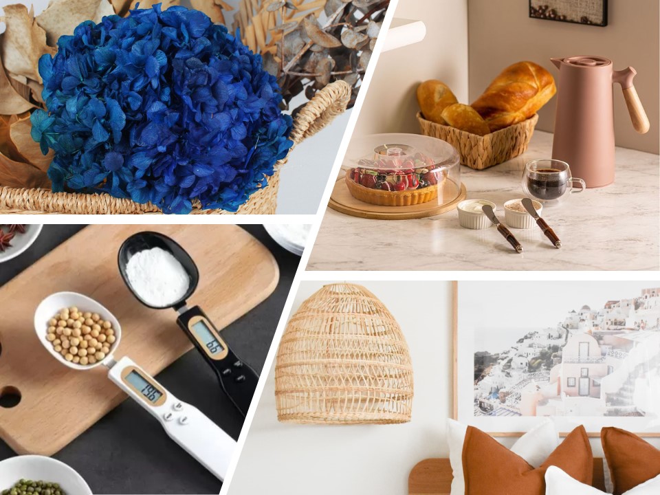 Tecnologia em UD, flores permanentes e rattan são tendências na ABCasa. Na foto, montagem com flor permanente, mesa de café da manhã, colher medidora, luminária de rattan