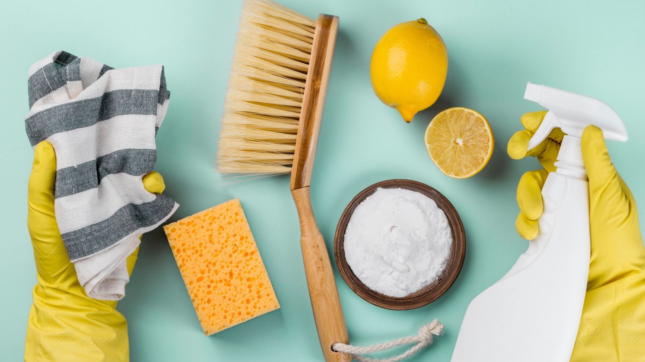 Fato ou fake? Quais receitas caseiras de limpeza realmente funcionam. Na foto, escova, limão, bucha..