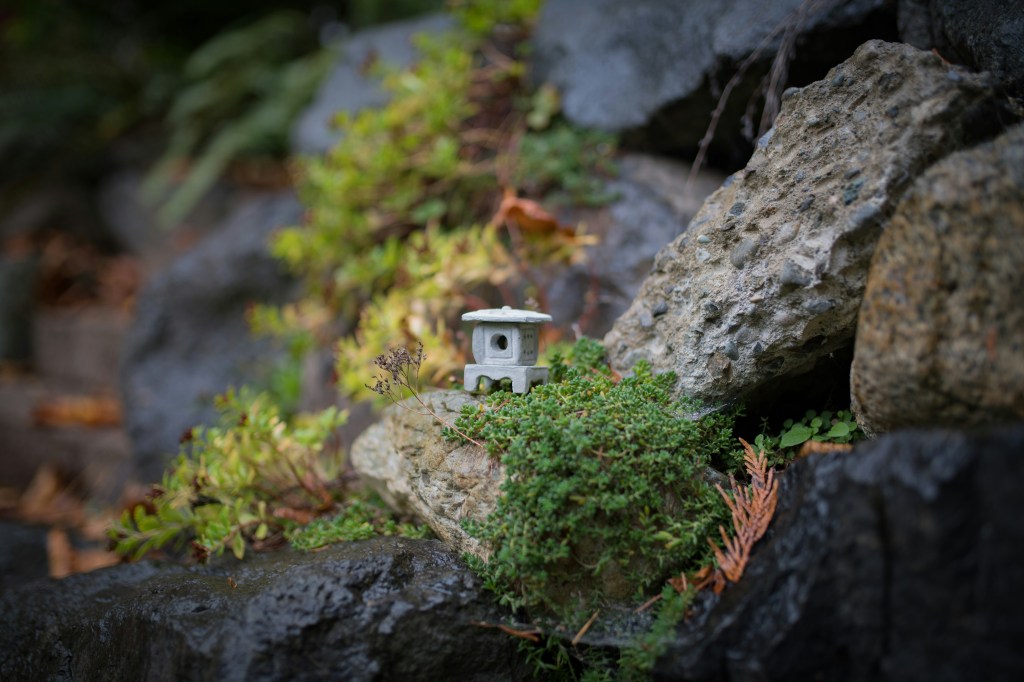 Jardim de musgos: veja o porquê você deve ter um na sua casa! Na foto, pedras, pequena estátua de templo japonês.
