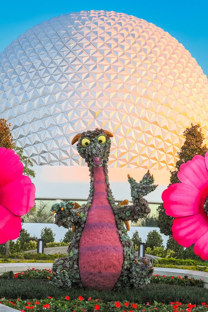 Sabia que o Walt Disney World tem um festival de flores? Na foto, topiaria do dragão Figment.