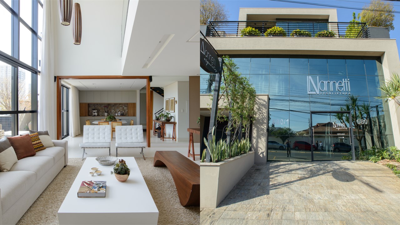 No mesmo prédio, arquiteta cria seu escritório e sua cobertura residencial. Leticia Nanneti Arquitetura e Interiores. Na foto da esquerda, sala de estar do apartamento, na direita, fachada comercial.