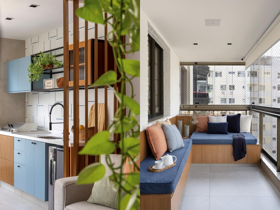 Varanda de 13 m² tem banco-baú, bancada gourmet e piso de porcelanato. Projeto de Travessa Arquitetura. Na foto, planta suspensa, marcenaria azul, futon azul.