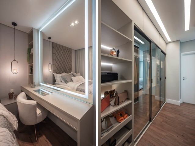 Apartamento de 127 m² tem varanda gourmet e sala com sofá-ilha. Projeto de PB Arquitetura. Na foto, closet, quarto, penteadeira.