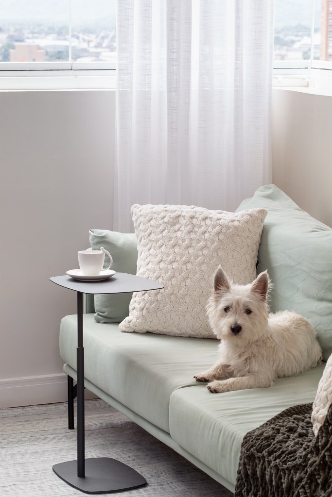 Delicadeza: apê de 66 m² tem cozinha aberta e cabeceira com bordados. Projeto de Memoá Arquitetos. Na foto, sofá verde claro, mesinha de apoio, cachorro branco.
